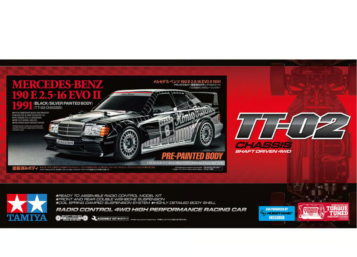 Tamiya 1/10 Mercedes-Benz 190 E 2.5-16 EVO II (Black/Silver Painted) – TT-02 - 47525