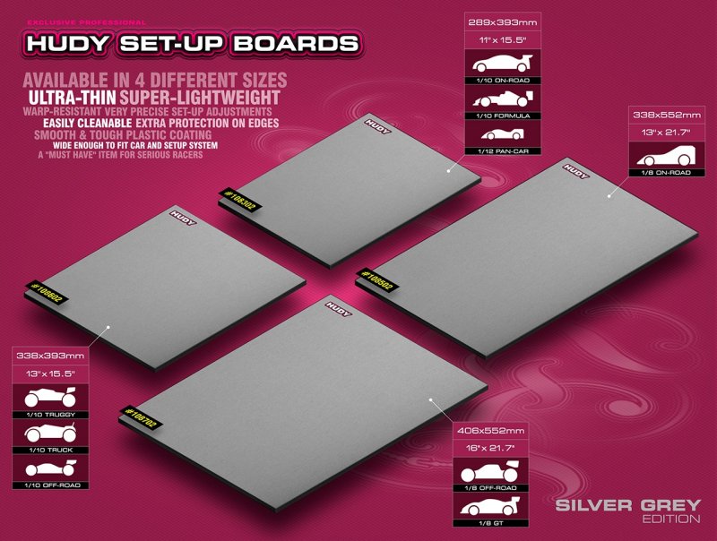 Hudy Setup Board Lightweight SILVER for 1/12 & 1/10 Onroad 289x393mm - H108302 - RCXX - rc racing for professionals