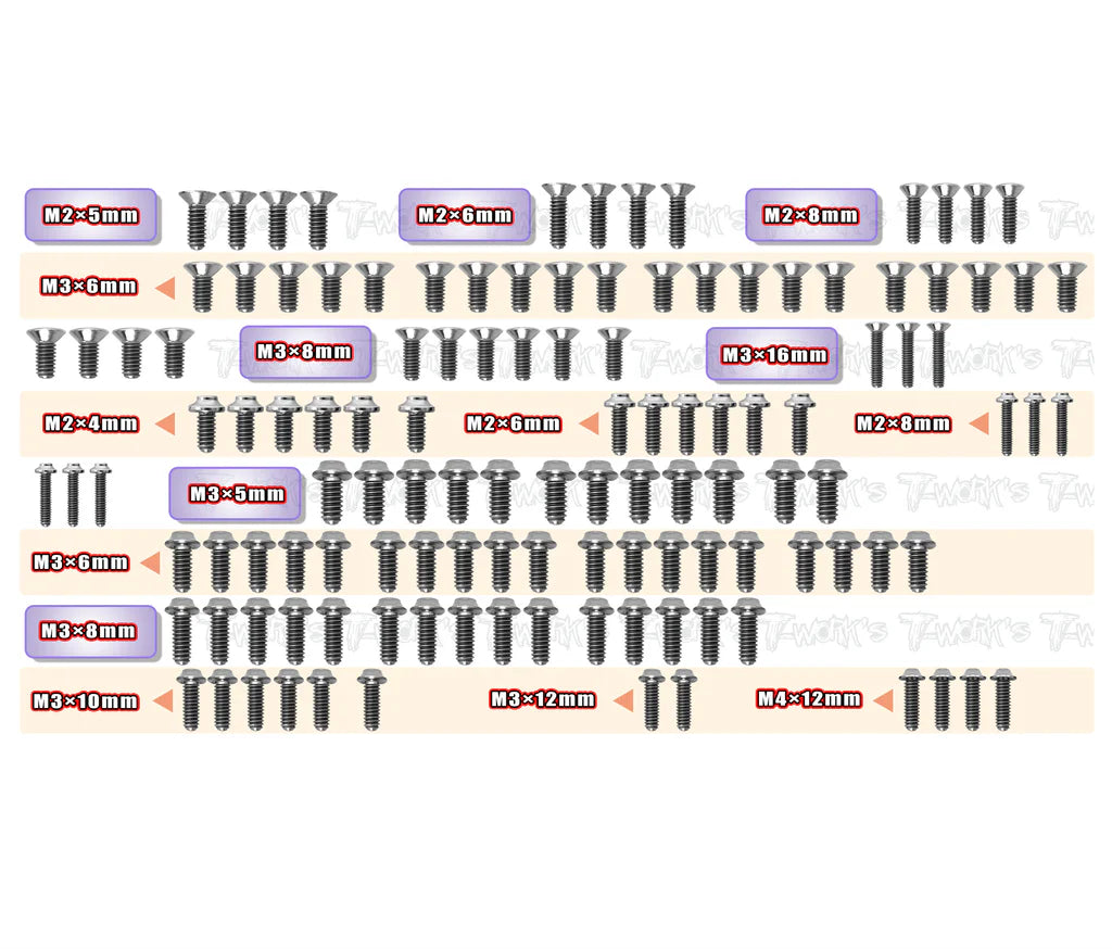 T-Work's TSSU-TC10-3 64 Titanium Screw set ( UFO Head ) 121pcs.( For AXON TC10/3 ) - RCXX - RC Racing Shop | RC Models | Tuning & Spare Parts for Professionals